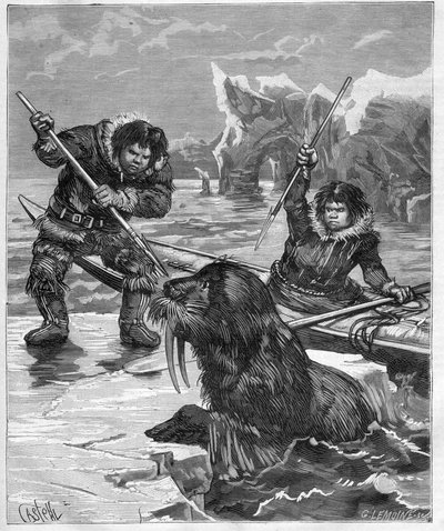 Eskimos - Walrus Fishing in 1888 - Engraving in 