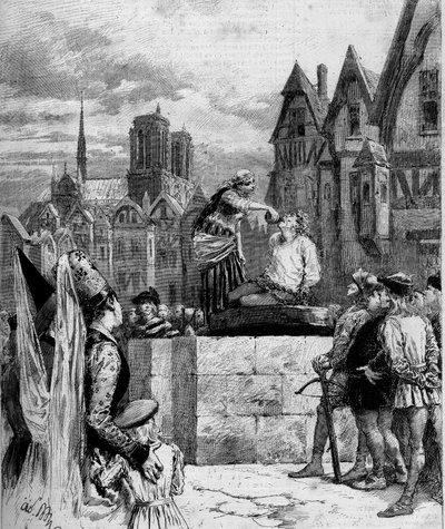 Esmeralda giving a drink in Quasimodo on the Place de Greve. Illustration of Notre Dame de Paris by Victor Hugo. Engraving from 1879 by French School