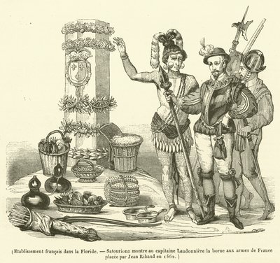 French Establishment in Florida, Satouriona Shows Captain Laudonniere the Boundary Marker with the Arms of France Placed by Jean Ribault in 1562 by French School