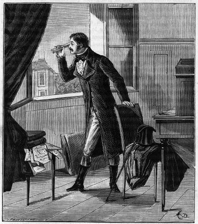 Etienne Louis Malus (1775-1812) observes through a spath the light of the sunset reflected by the glass windows of Luxembourg in 1808 - Etienne-Louis Malus (1775-1812) French officer, engineer, physicist, and mathematician - Engraving in 