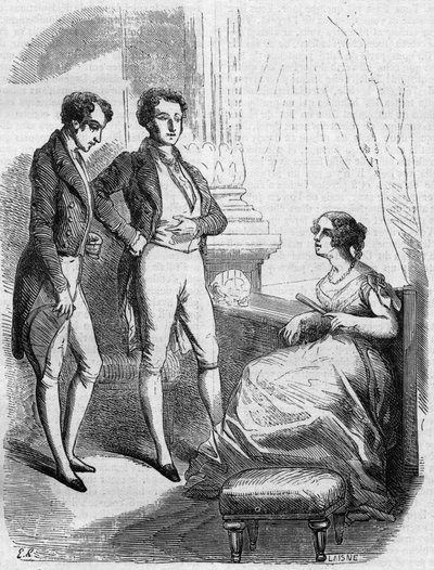 Eugene de Rastignac presented to Madame de Nucingen by the Marquis of Adjuda. Engraving mid 19th century. Illustration for 