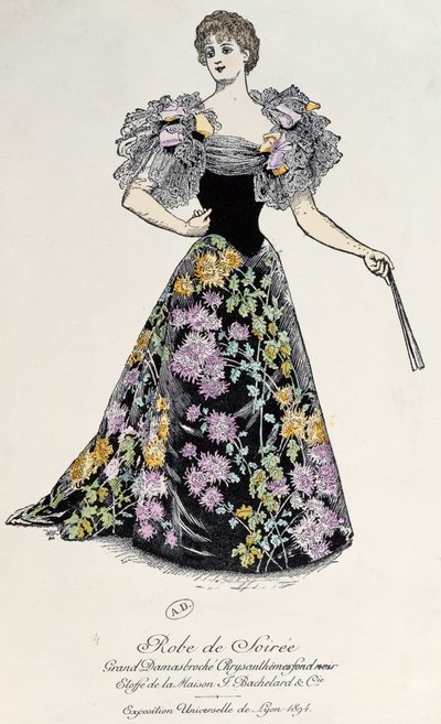 Evening dress in damask with chrysanthemum brocade on a black background, 1894 by French School