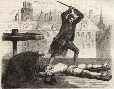 Execution of the poisoner Antoine-Francois Desrues (1744-1777) on the Place des Greves in Paris in 1777 - Punishment of Desrues, broken on the wheel on the Place de Greve in Paris by French School