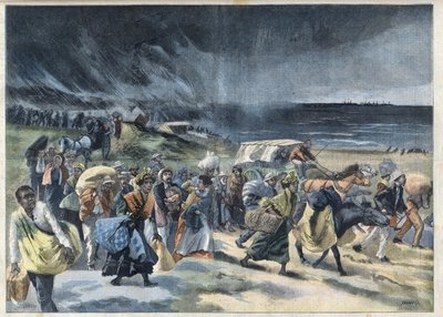 Exodus of the inhabitants of Fort-de-France after the eruption of Mount Pelee in Martinique. Engraving in 