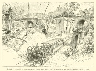 Experiment of the Agudio Locomotive Cable, Conducted on the Turin to Genoa Railway, Ascent and Descent of the Ramp (engraving) by French School