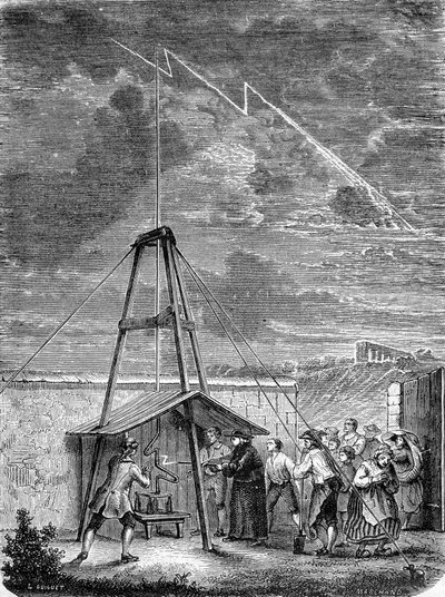Experiment made on 10 May 1752, by Thomas Francois Dalibard at Marly, first demonstration of the presence of electricity in stormy clouds - engraving by French School