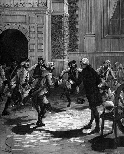 Experiment of the Leyden jar by Abbe Jean Antoine Nollet (Jean-Antoine) (1700-1770), French physicist at Versailles, where 180 guards were struck at the same time. 1746 by French School