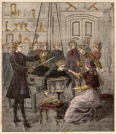 Electrical experiment made on a man by Abbe Jean Antoine Nollet (1700-70) in a physicist cabinet - Engraving in Sciences à la gratete de tous - physics et chimie popu by French School