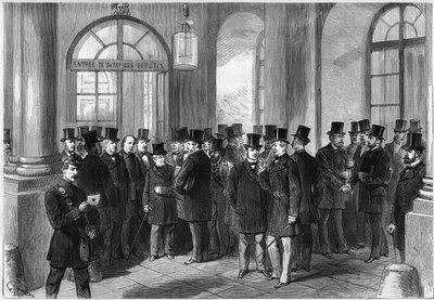 Extension of the presidential term of the marshal of Mac-Mahon, establishment of the septennat in France, November 1873: view of the entrance door of the Assemblée de Versailles, on the day of discussion of the prorogation. From left to right by French School
