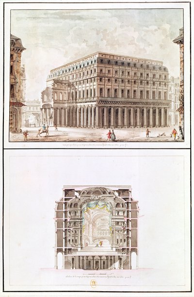 Exterior and cross-section of the interior of the Theatre des Varietes, 6 rue de Richelieu by French School