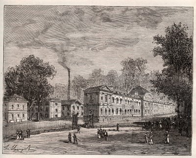 Exterior view of the Imperiale Porcelain Factory of Sevres, built in the park of Saint Cloud following the plans of the architect Laudin - engraving in France illustree: geography, history, statistical administration by V.-A. Malt-Brown. 1884 by French School