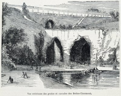 Exterior view of the cascades and caves of the Buttes Chaumont, engraving 19th century by French School