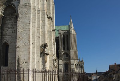 Exterior view of the Cathedral of Chartres with the angel on the dial by French School