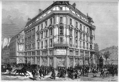 Exterior view of the new Printemps stores in Paris, on the day of the inauguration of the Vienna Elevators in 1874. Engraving in Le Monde Illustré n°885 of 28 March 1874 by French School