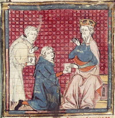 Messengers telling Charlemagne of the victory over the Saracens, from the Grandes Chroniques de France, 1375-79 by French School