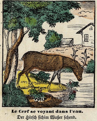 Fables from La Fontaine: the deer seeing themselves in the water by French School