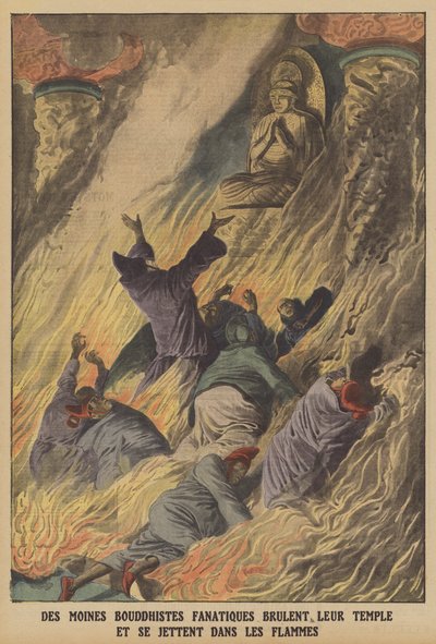 Fanatical Buddhist monks burning their temple and throwing themselves into the flames on the island of Formosa by French School