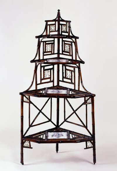 Far East style Second Empire (Napoleon III) bamboo corner etagere plant stand with French majolica tiles and four tiers by French School