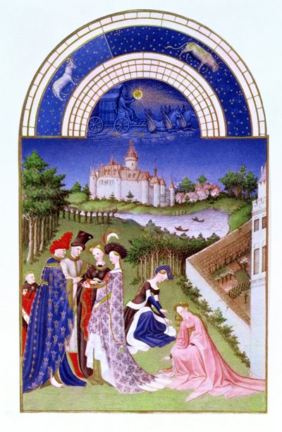 Facsimile of April: Courtly Figures in the Castle Grounds by the Limbourg Brothers, from the Tres Riches Heures du Duc de Berry by French School