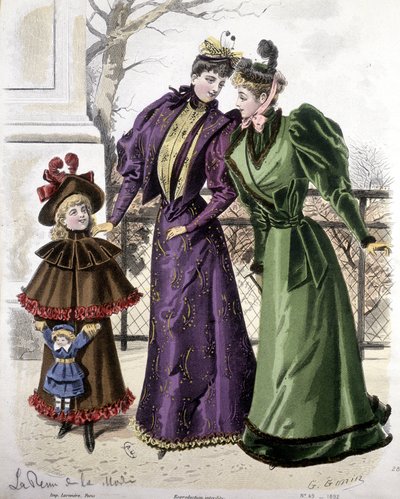 Fashion: 2 women and a girl holding a doll, 1892 by French School