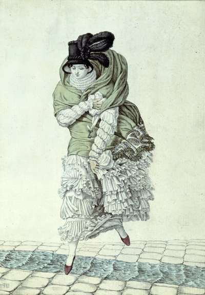 Fashion plate depicting a lady crossing a sewage stream by French School