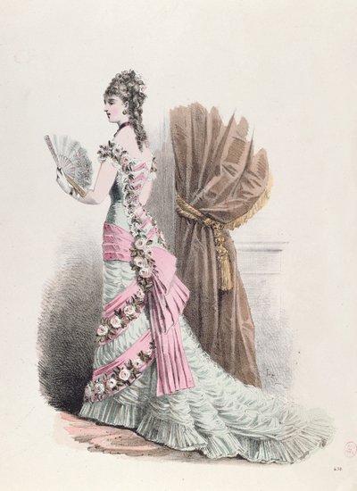 Fashion plate of a woman in evening dress and with a fan by French School