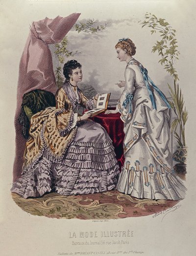 Fashion plate showing ladies in dresses designed by Mme Breant-Castel and looking at photo albums, 1872 by French School