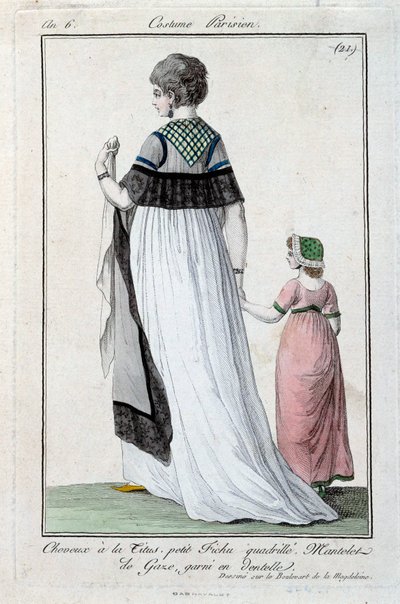 Fashion under the management board: elegant young Parisian woman wearing the Titus, gauze mantle with lace. 1797. Paris, costume museum by French School