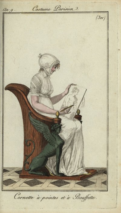 Fashionable woman in cornett hat at an art class by French School