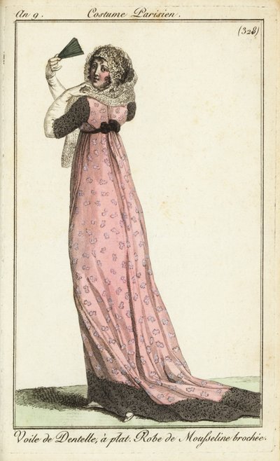 Fashionable woman in lace veil, damask muslin dress by French School