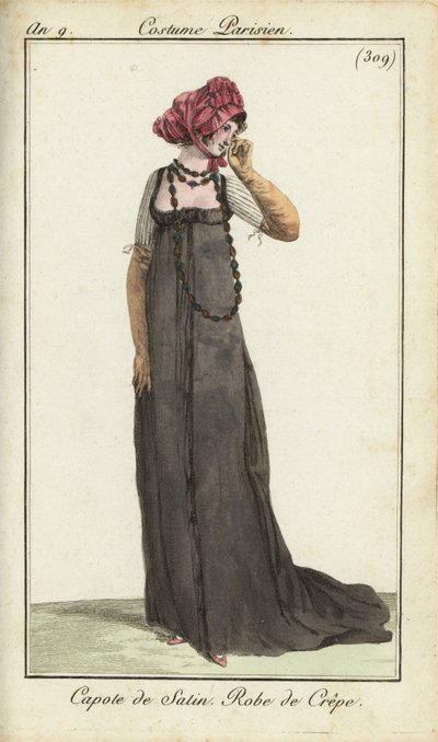 Fashionable woman in satin bonnet and crepe dress by French School
