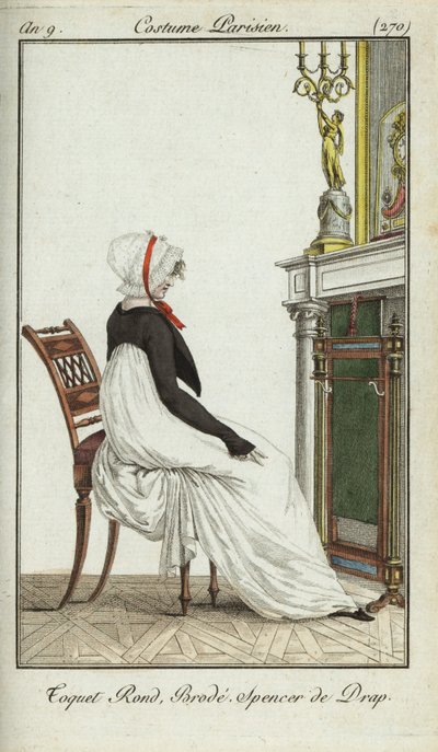 Fashionable woman sitting in front of a fireplace by French School
