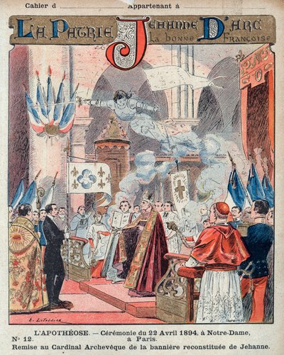 Feast in honor of Joan of Arc at Notre-Dame of Paris. Benediction of the banner - From a protective sleeve for school books, late 19th century - illustration by E. Letellier - Ceremony of 22 April 1894 at Notre-Dame de Paris by French School