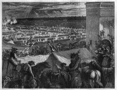 Feast of the Federation at the Champ de Mars in Paris on the first anniversary of the capture of the Bastille on 14 July 1790. Engraving in 