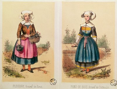 Female costumes from Ploudiry and Pont de Buis, from Les Costumes Bretons de Sorrieu by French School