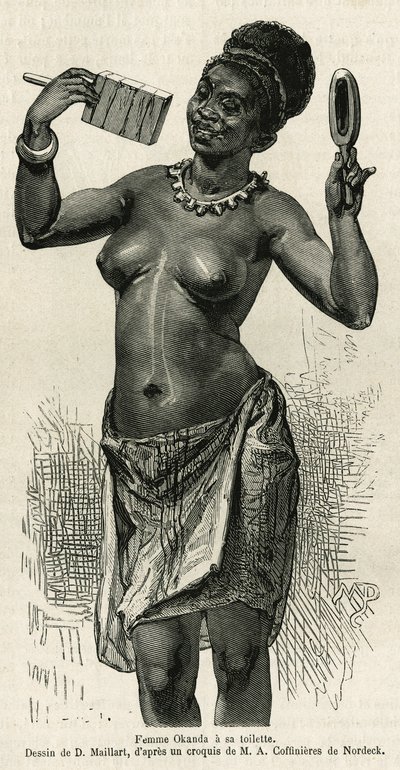 Okanda Woman Has Her Toilet, Drawing by D. Maillard, to Illustrate the Story of a Trip to Gabon and the Ogoue River, in 1875-1877, by Alfred Marche. Engraving in Le Tour du Monde by French School