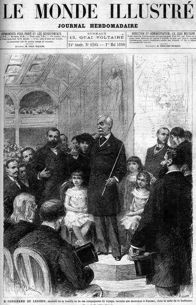 Ferdinand de Lesseps surrounded by his family and travelling companions, recounting his trip to Panama in the Salle de la Sorbonne. Cover of the 