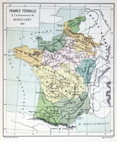 Feudal France at the time of the Accession of Hugues Capet in 987, map illustrated in a Histoire de France c.1880 by French School
