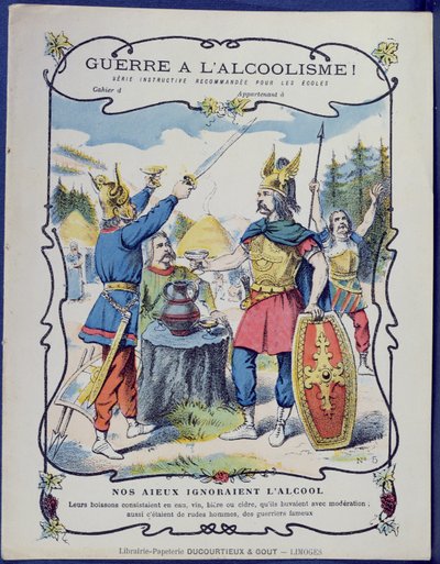 Fight Against Alcoholism!, an illustration of Gaulish warriors from a protective sleeve for school books by French School
