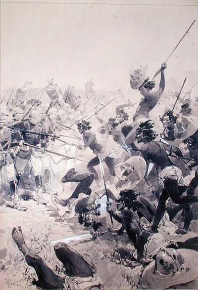 Fighting between Zulus and English Soldiers by French School