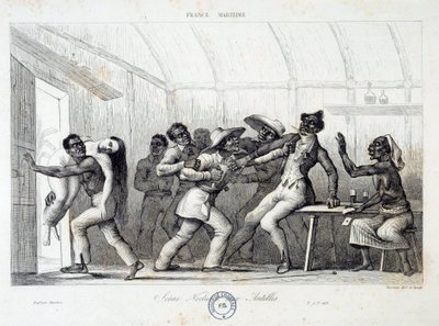 Fighting in a Tavern in the West Indies, a Young White Woman is Abducted by Robbers (engraving) by French School