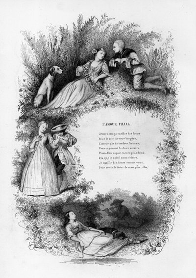 Filial love. A young man seduces three young women in the countryside. Engraving in Chants et chansons populaire de la France, Tome 2 by French School