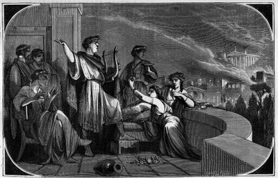 Fire of Rome by Nero. Between 18 and 24 July 64 the city of Rome was devastated by a large fire allegedly caused by Emperor Nero to accuse and persecute the Christians. Engraving in 
