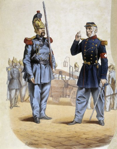 Firefighters in 1860 - drawing by Perron by French School