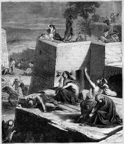 First Crusade: The German Crusades crush the Hungarians and set the cities on fire. Engraving in Histoire des Papes-Rois-Queen and Empereurs a travers les centuries by Maurice Lachatre by French School