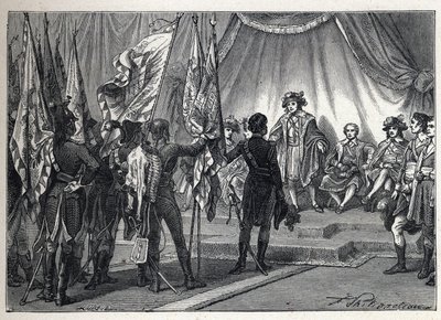 First coalition: Joachim Murat (1767-1815) presents to the Executive Board the flags conquered by the French army, commanded by Napoleon Bonaparte, during the Italian campaign. Engraving from 1889. Private collection by French School