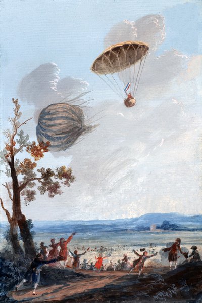 First Man to Descend in a Parachute, 22nd October 1797, at Parc Monceau, Paris, c.1797 by French School