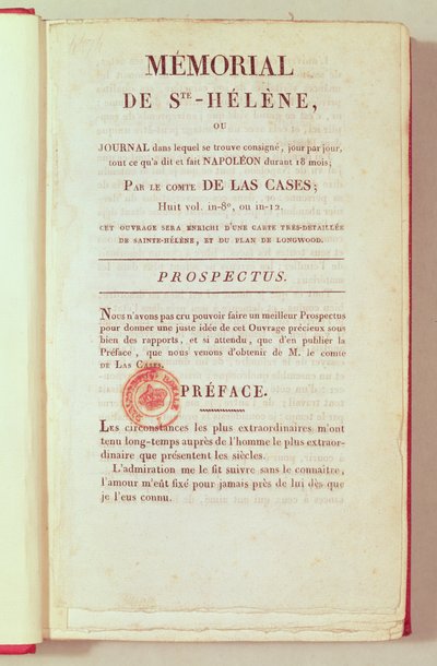 First page of Memorial de Sainte-Helene by Emmanuel Las Cases (1766-1842) 1823 by French School