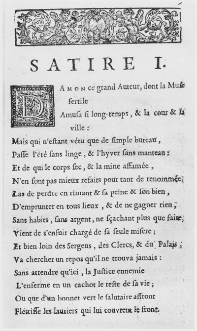 First Page of Satires by Nicolas Boileau, Known as Boileau-Despreaux by French School