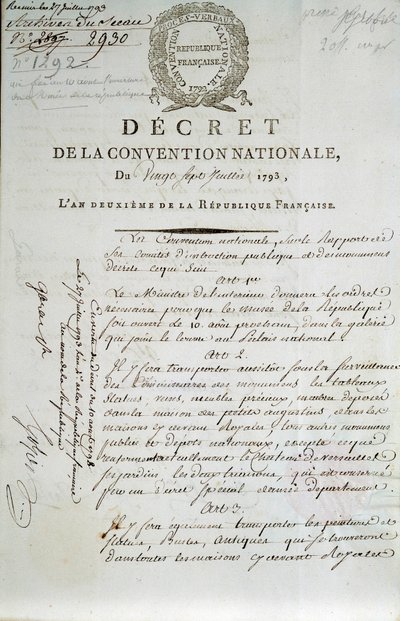 First page of the decree of the National Convention of 27/07/1793 establishing the Palais du Louvre as a museum by French School